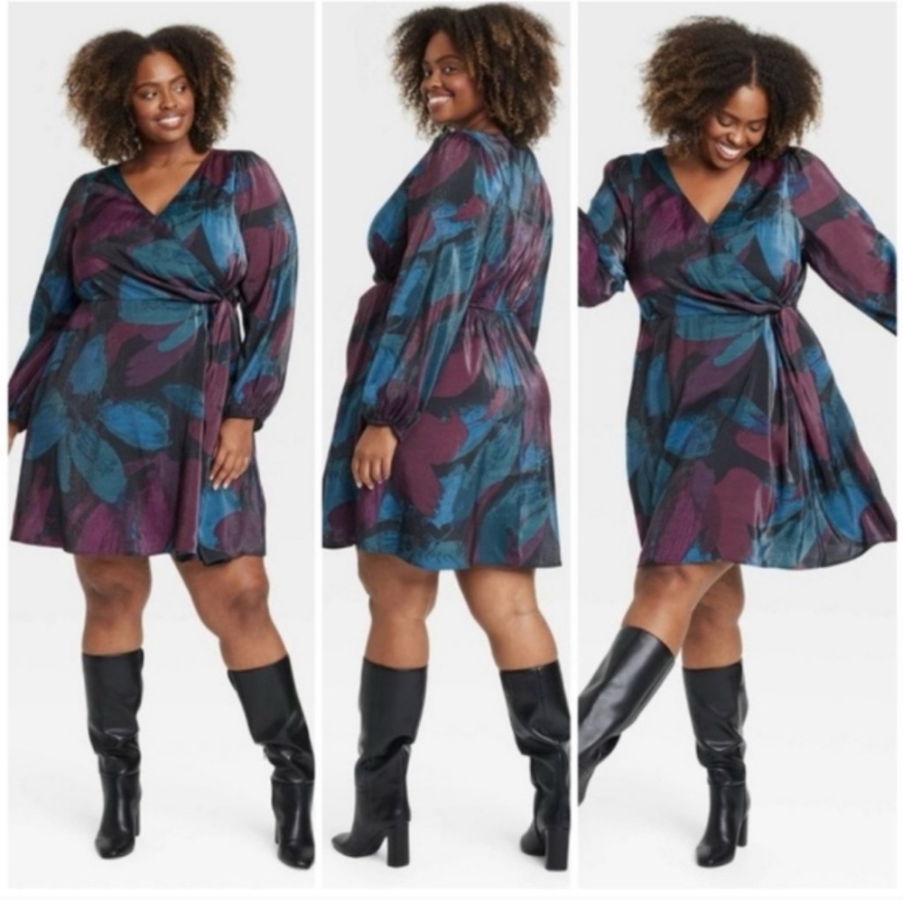 Ava & Viv Purple & Blue Floral Faux Wrap Dress Size XXL NWT